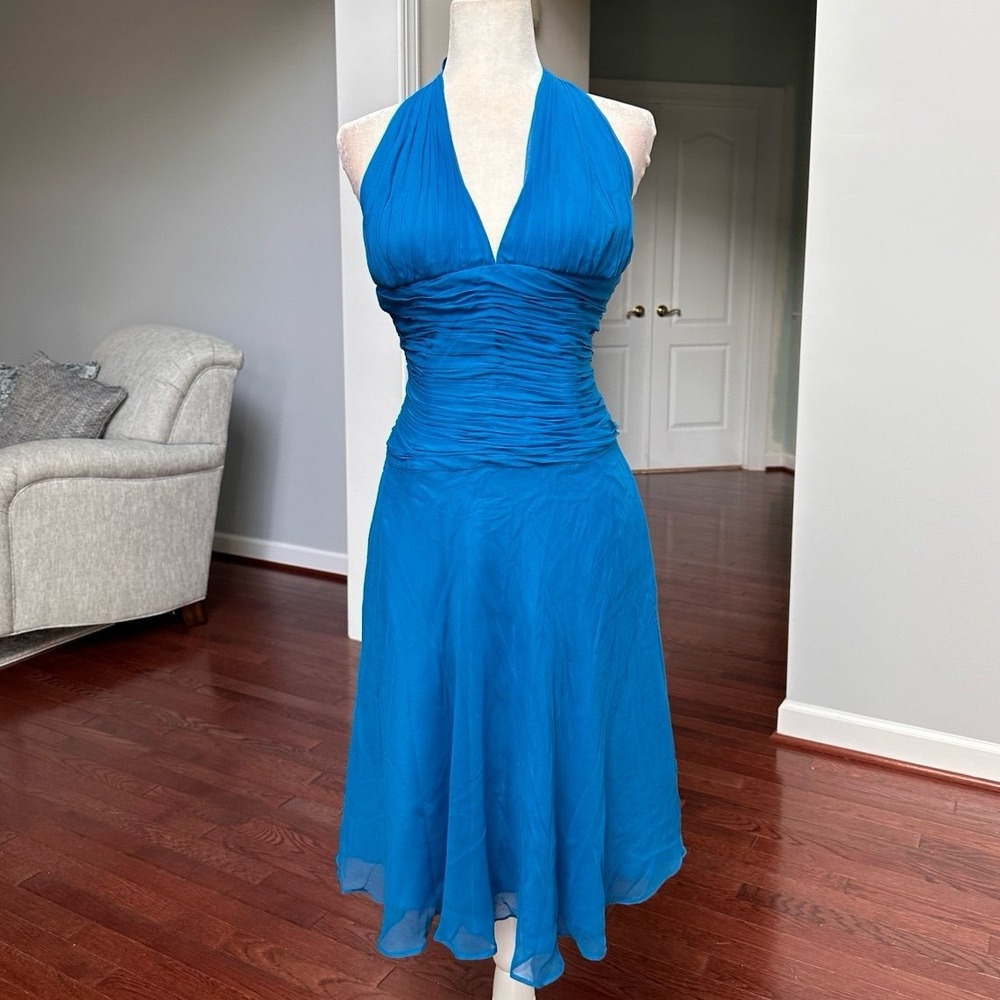 Vintage Y2K Silk Chiffon Halter Neck Blue Dress Cocktail Sexy Feminine
